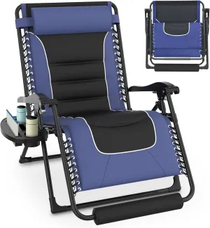 Slendor Oversized Padded Zero Gravity Chair, 29Inch XL Reclining Camping Lounge Chair with Large Cup Holder & Footrest, Reclining Patio Chairs Folding Recliner for Outdoor Indoor