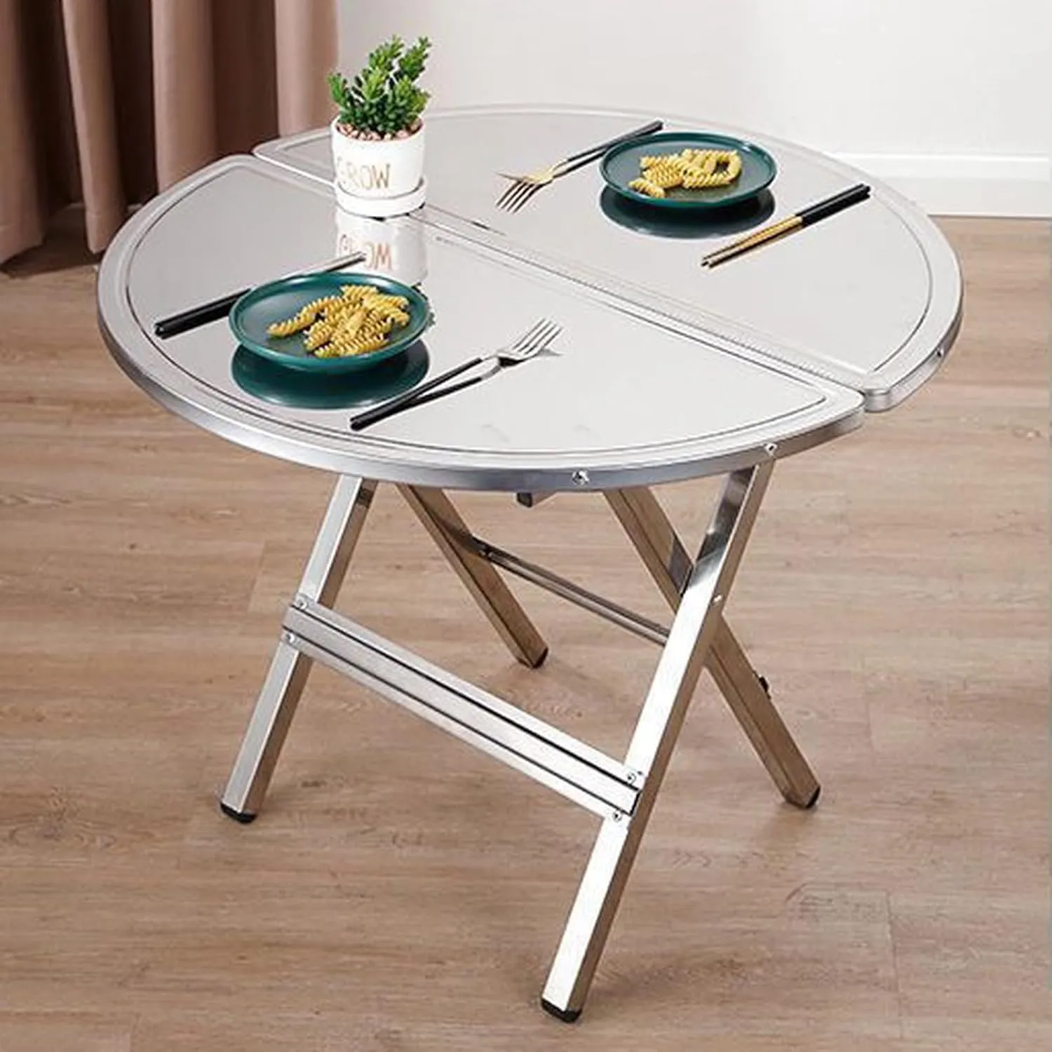 Small Folding Portables T*ain*Less S*te*els Table,Indoor Outdoor Lightweight Dining Table with Carrying Handle,fold in Half Small Card Tables for Travel Picnic Camping Cooking Hiking Grill