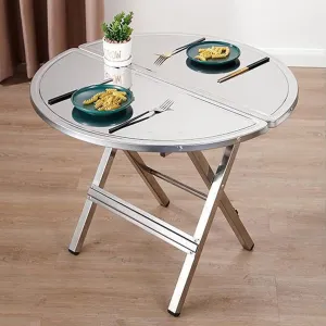 Small Folding Portables T*ain*Less S*te*els Table,Indoor Outdoor Lightweight Dining Table with Carrying Handle,fold in Half Small Card Tables for Travel Picnic Camping Cooking Hiking Grill