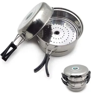 SMT- 3PCS Outdoor Camping Cookware Stainless Steel Cooking Picnic Bowl Pot Pan Set