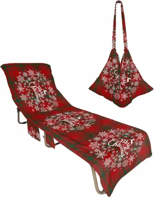 Snowflake Beach Pool Patio Lounge Chaise Chair Cover Towel With Pockets, Absorbent & Quick Dry Microfiber Towel Cover Bag Summer Travel Accessories for Sunbathing Red Christmas Elk Xmas Plaid Rustic