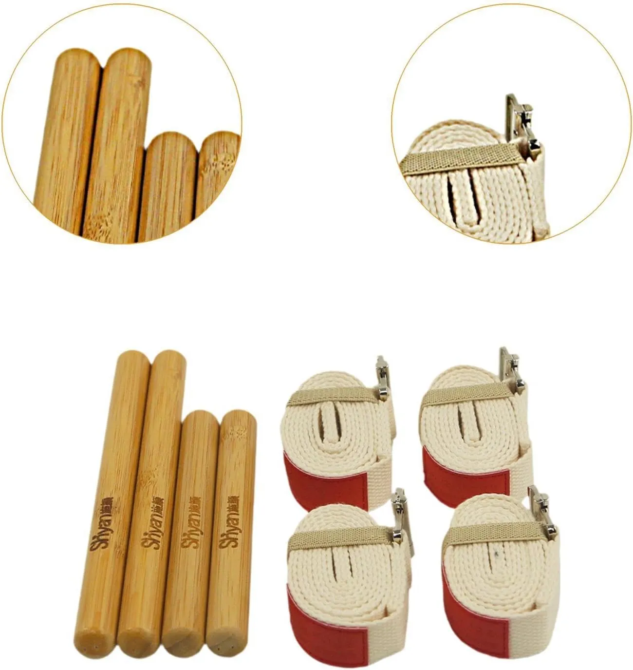 Solid Bamboo Massage Stick Set,Bamboo Massage Roller Sticks,Wood Yoga Assistance for Relax Muscles, Massage Tools, Beige Stretch Belt
