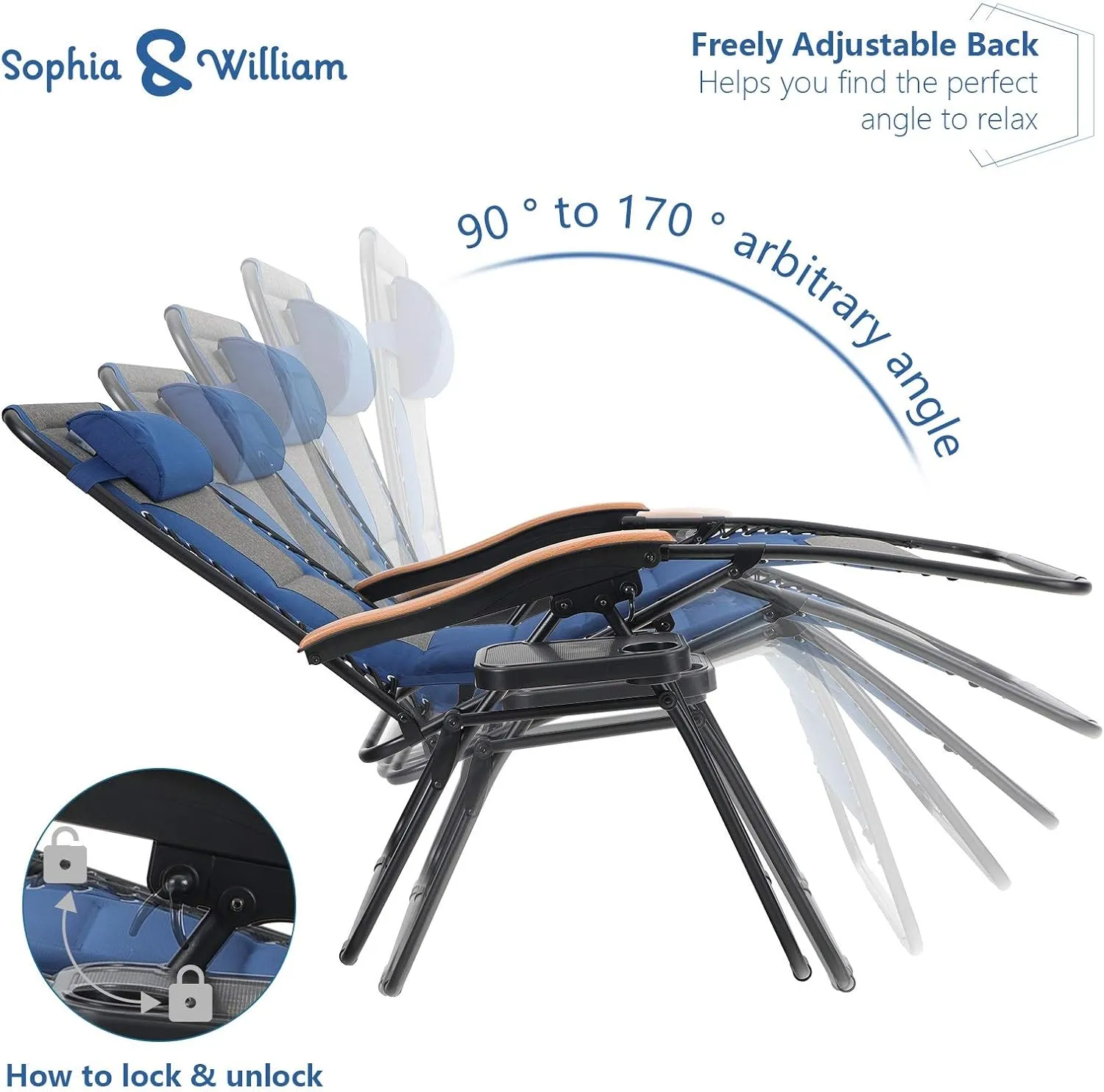 Sophia & William Oversize Zero Gravity Chair 2 Pack, Padded Lounge Chair with Free Cup Holder, Supports 350 LBS (Blue)