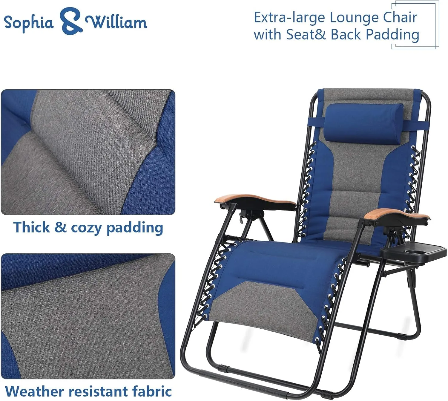 Sophia & William Oversize Zero Gravity Chair 2 Pack, Padded Lounge Chair with Free Cup Holder, Supports 350 LBS (Blue)