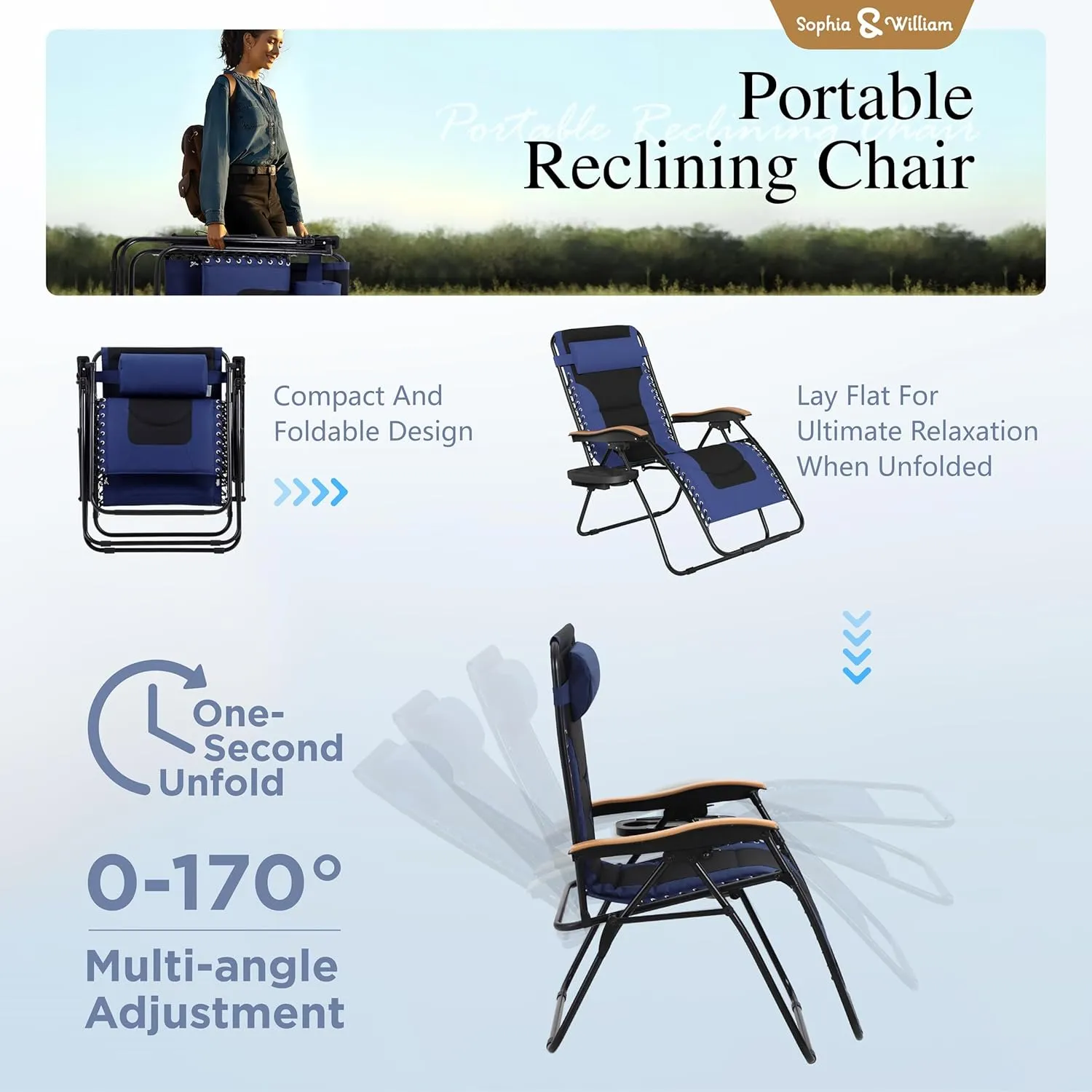 Sophia & William Oversize Zero Gravity Chair, Padded Recliner with Free Cup Holder, Supports 400 LBS (Blue)
