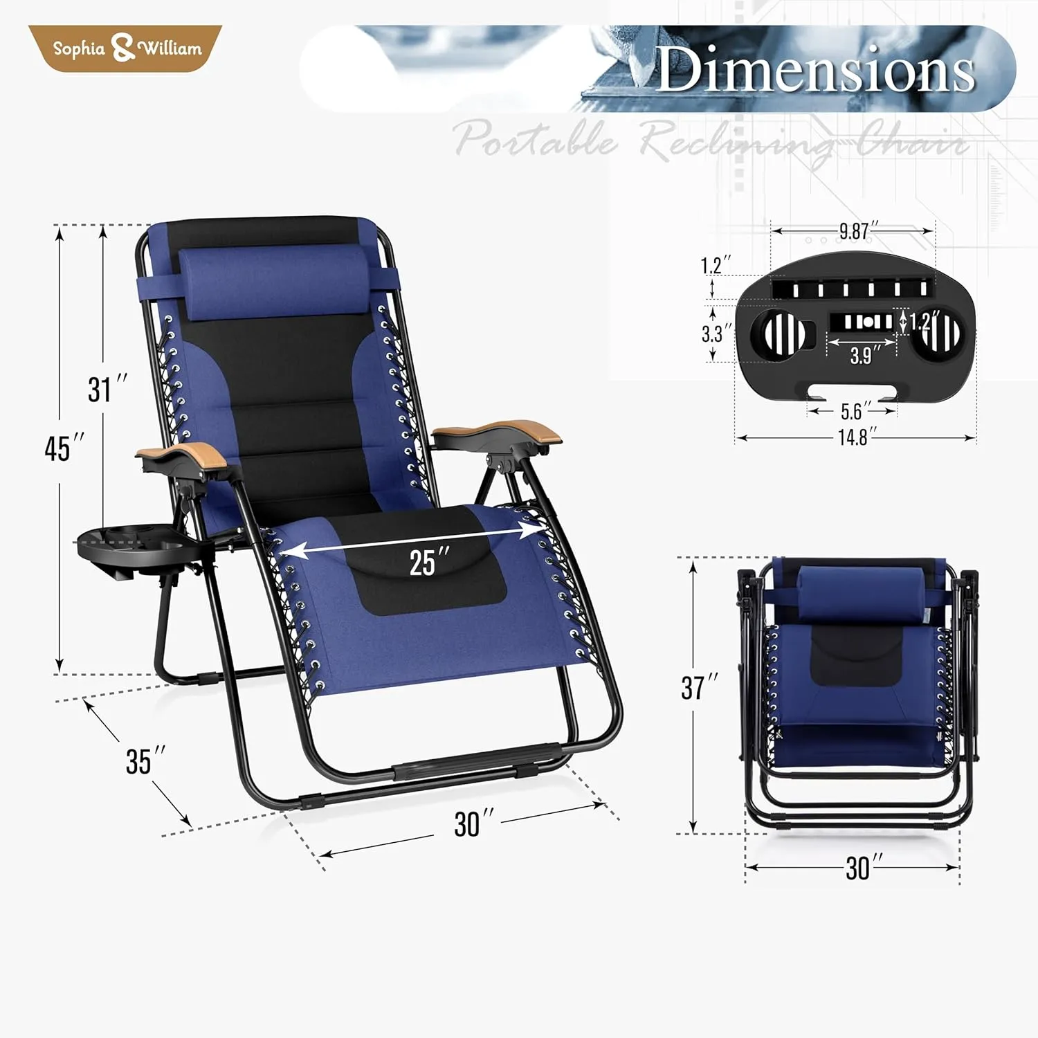 Sophia & William Oversize Zero Gravity Chair, Padded Recliner with Free Cup Holder, Supports 400 LBS (Blue)