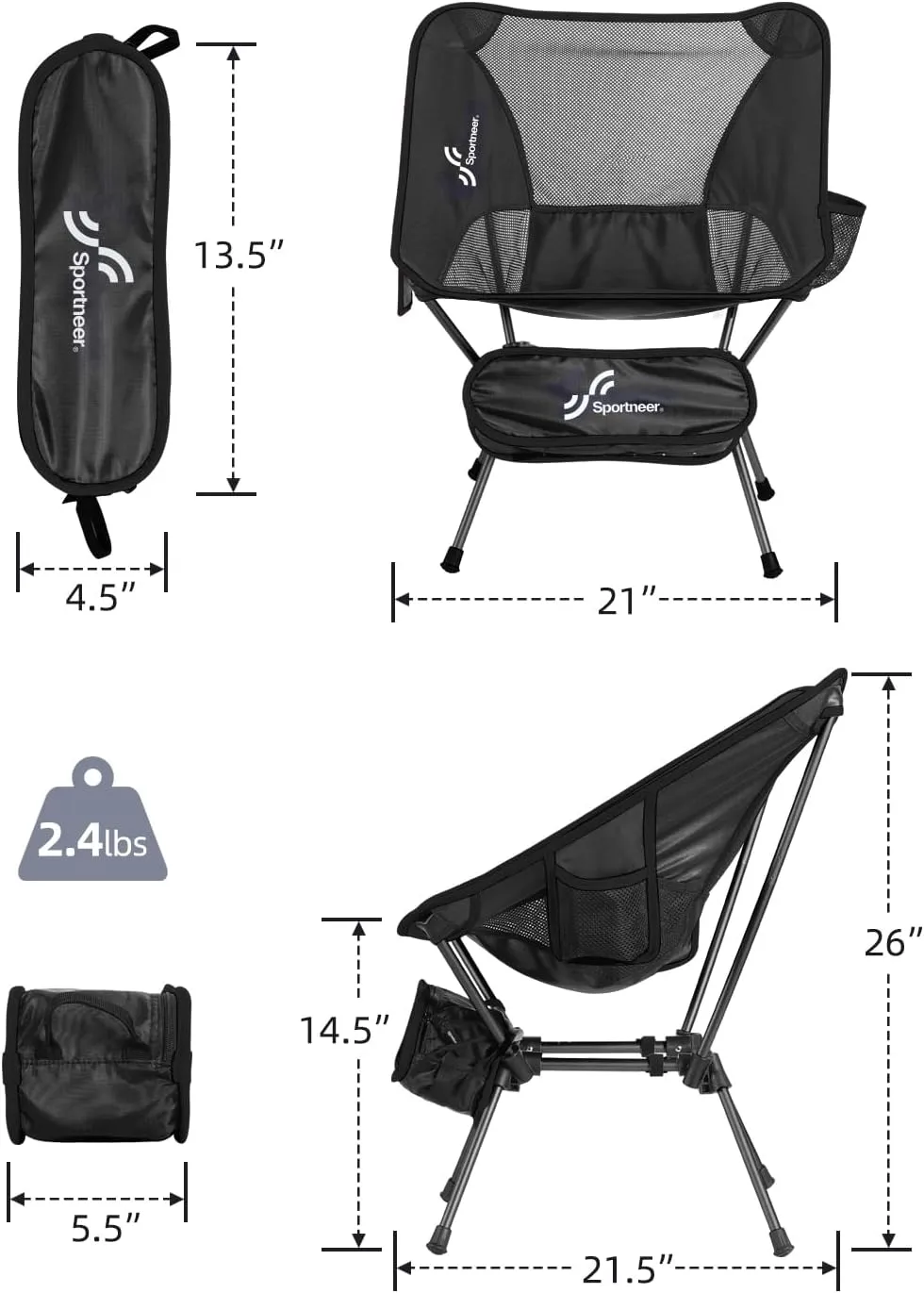 Sportneer Camping Chairs, Lightweight Outdoor Chairs with 2 Side Pockets & Storage Bag, Foldable & Portable Lawn Chairs for Camping Hiking Lawn Picnic Beach Outdoor Travel (1, Black)