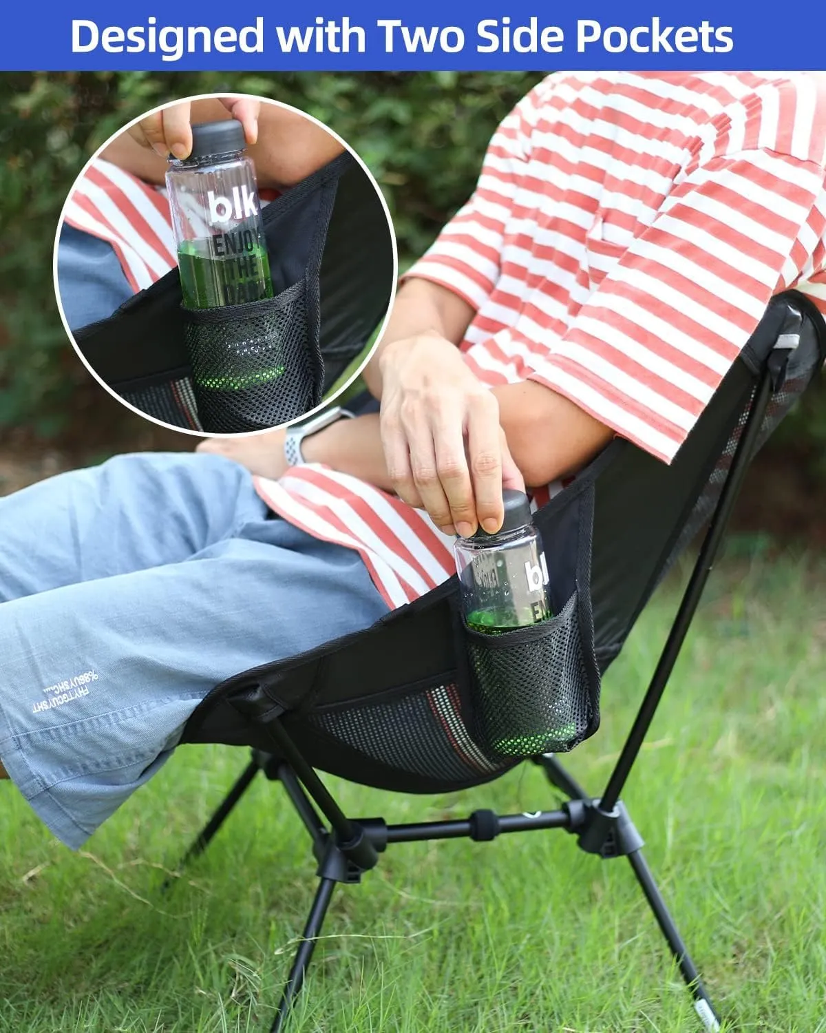 Sportneer Camping Chairs, Lightweight Outdoor Chairs with 2 Side Pockets & Storage Bag, Foldable & Portable Lawn Chairs for Camping Hiking Lawn Picnic Beach Outdoor Travel (1, Black)