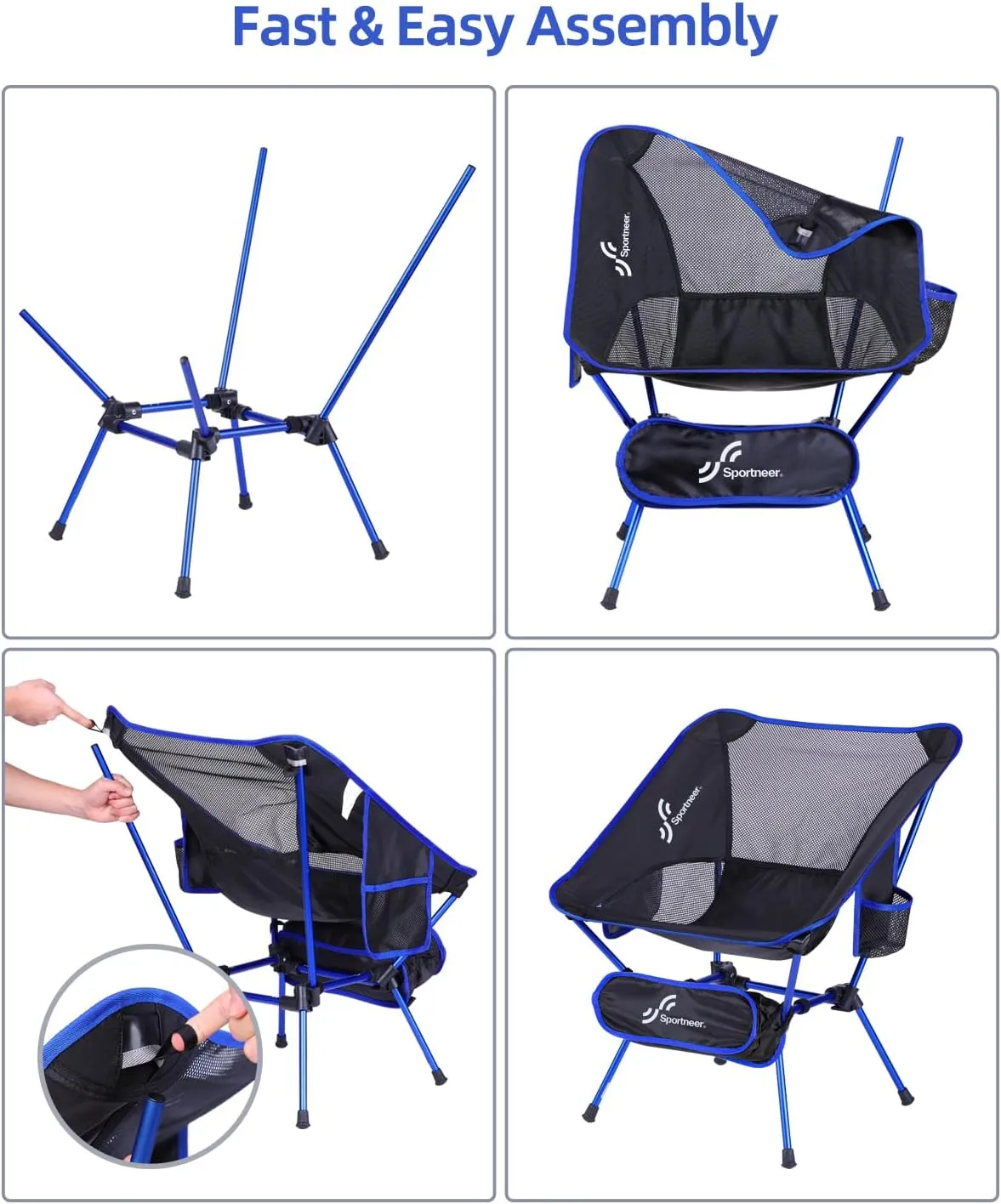 Sportneer Camping Chairs, Lightweight Outdoor Chairs with 2 Side Pockets & Storage Bag, Foldable & Portable Lawn Chairs for Camping Hiking Lawn Picnic Beach Outdoor Travel (1, Blue)
