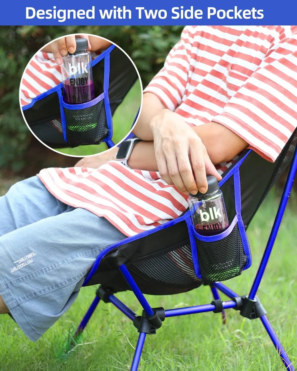 Sportneer Camping Chairs, Lightweight Outdoor Chairs with 2 Side Pockets & Storage Bag, Foldable & Portable Lawn Chairs for Camping Hiking Lawn Picnic Beach Outdoor Travel (1, Blue)