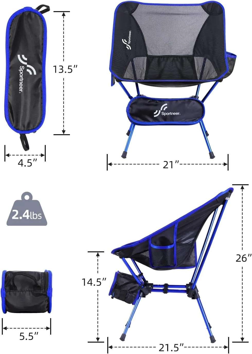 Sportneer Camping Chairs, Lightweight Outdoor Chairs with 2 Side Pockets & Storage Bag, Foldable & Portable Lawn Chairs for Camping Hiking Lawn Picnic Beach Outdoor Travel (1, Blue)