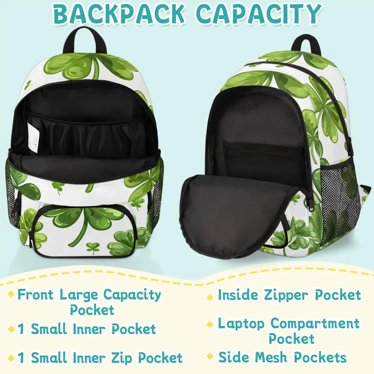 St. Patrick's Day Carry on Travel Backpack for Women Men Water resistant Lightweight Rucksack Backpack for Weekender Casual Work Hiking Green Shamrock