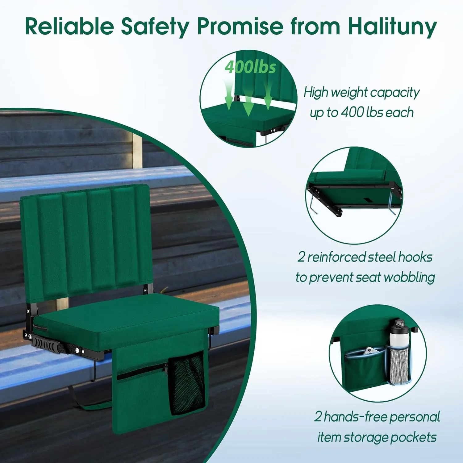Stadium Seat for Bleachers with Back Support, Portable Bleacher Seat with Wide Comfy Padded Cushion, Metal Hook, Folding Stadium Chair with Shoulder Strap, Carry Handle, Cup Holder
