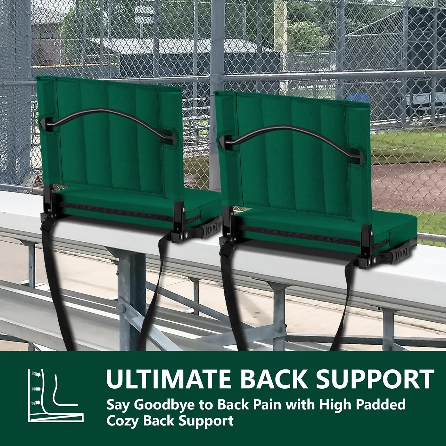 Stadium Seat for Bleachers with Back Support, Portable Bleacher Seat with Wide Comfy Padded Cushion, Metal Hook, Folding Stadium Chair with Shoulder Strap, Carry Handle, Cup Holder