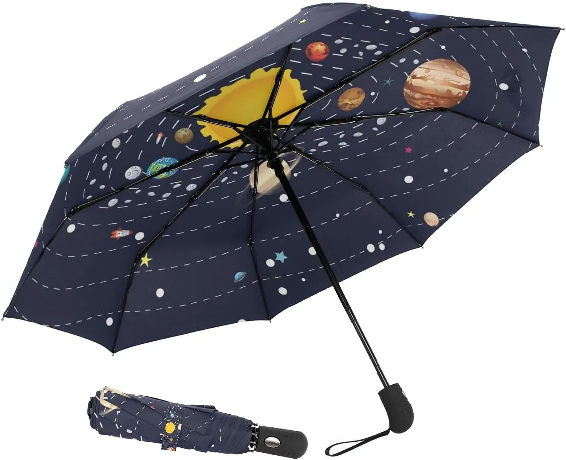 Starry Night Travel Umbrella - Van Gogh Oil Paint Totes Auto Open Close, Windproof Compact Folding Reverse, Portable for Kids and Women