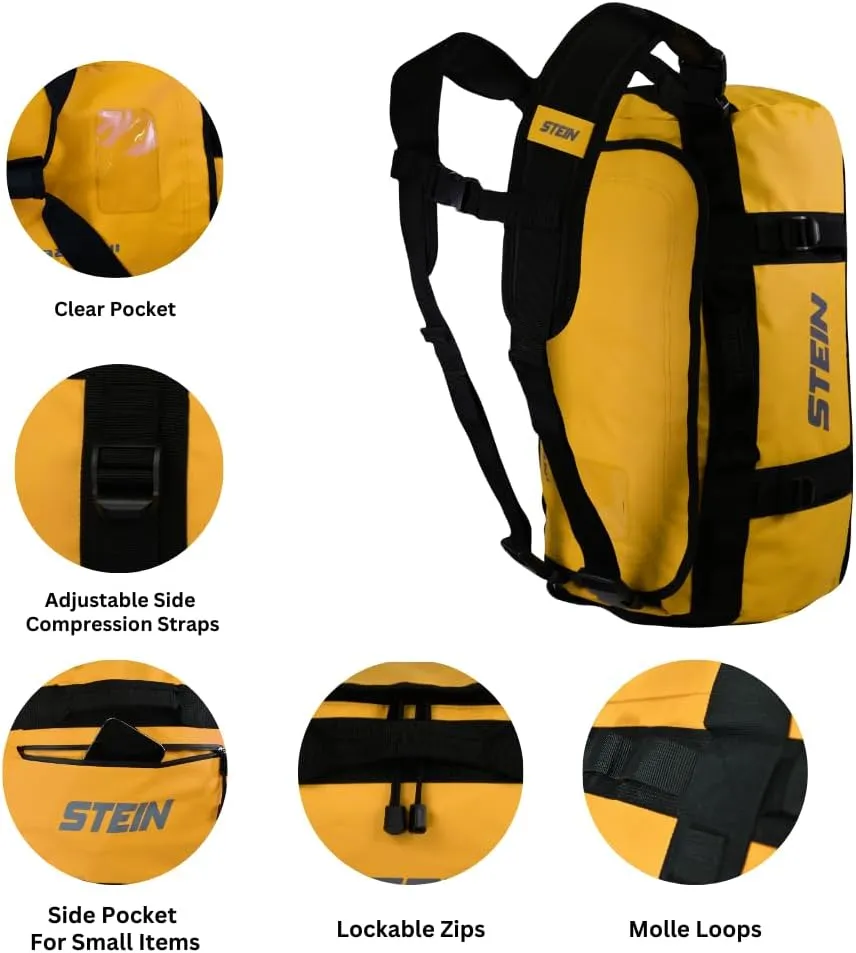 STEIN 40L, 70L, 90L Water Resistant Holdall Bag & Rucksack, Durable PVC for Outdoors, Camping, Sports, Watersports, Yellow, 90L