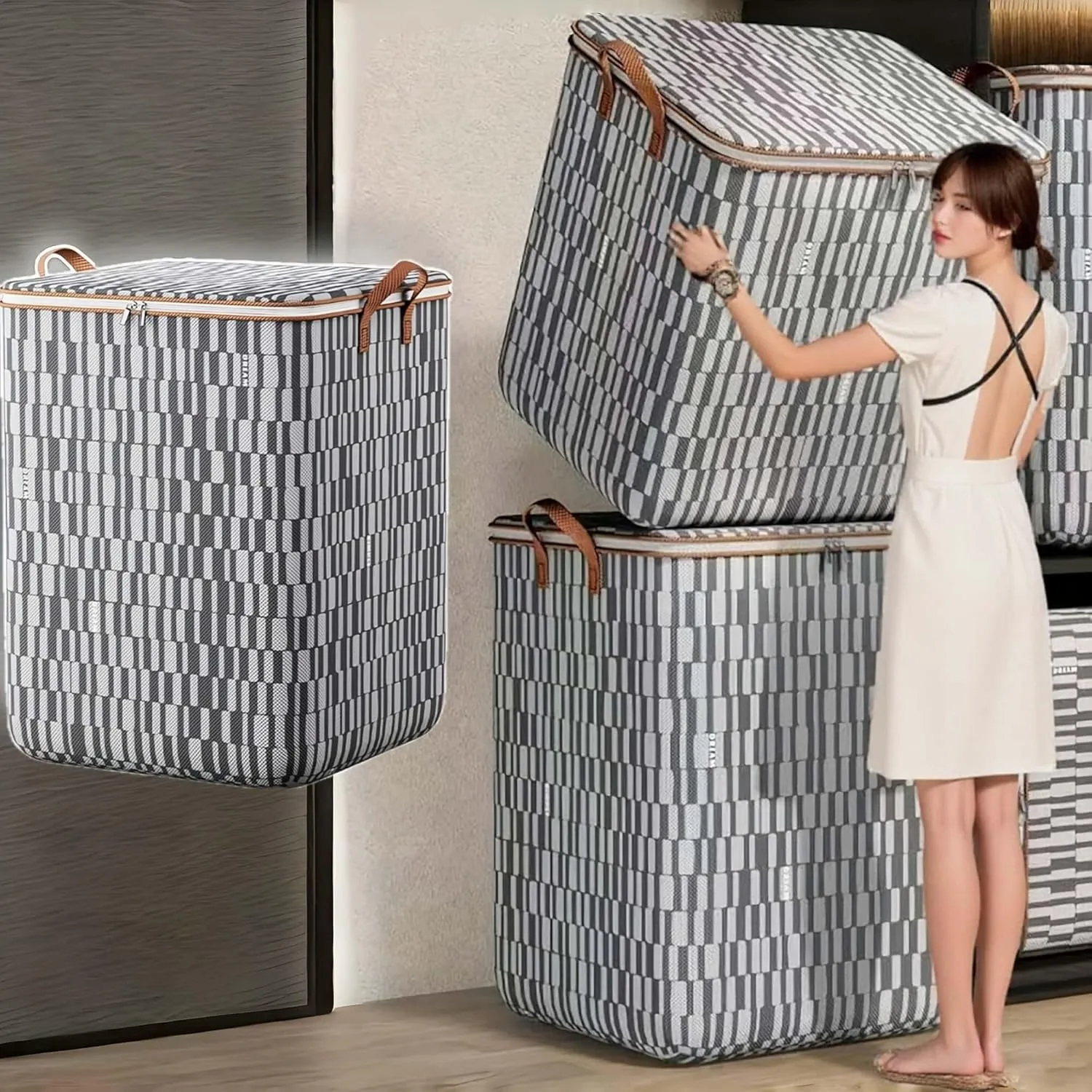 Storage Bins with Lids Non-woven Sturdy Zipper Foldable Moving Quilt Storage Basket Travel Large-capacity Clothing Storage Bag Organizers for Pillows Blankets (3Pack L)