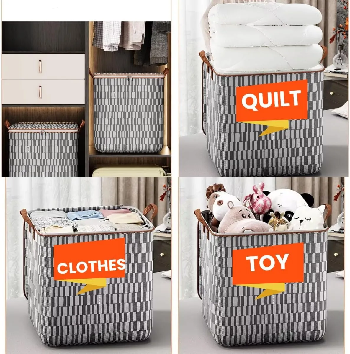 Storage Bins with Lids Non-woven Sturdy Zipper Foldable Moving Quilt Storage Basket Travel Large-capacity Clothing Storage Bag Organizers for Pillows Blankets (3Pack L)