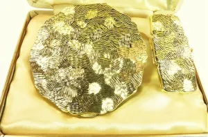 Stunning Unused Gold Plated Stratton Powder Compact And Lipstick Holder Set 1970s For Max Factor And Rimmel Foundation