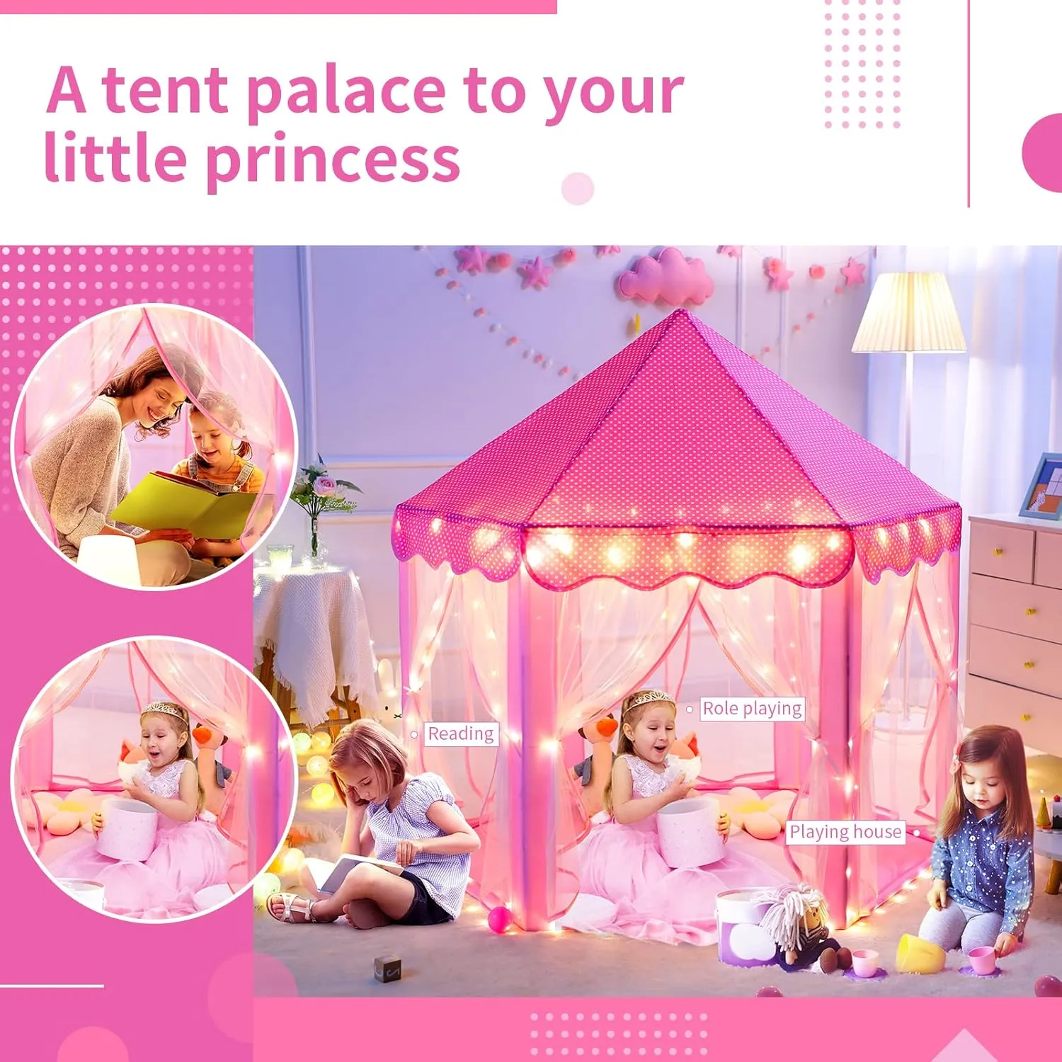 Sumbababy Princess Castle Tent for Girls Fairy Play Tents for Kids Hexagon Playhouse with Fairy Star Lights Toys for Children or Toddlers Indoor or Outdoor Games (Pink)