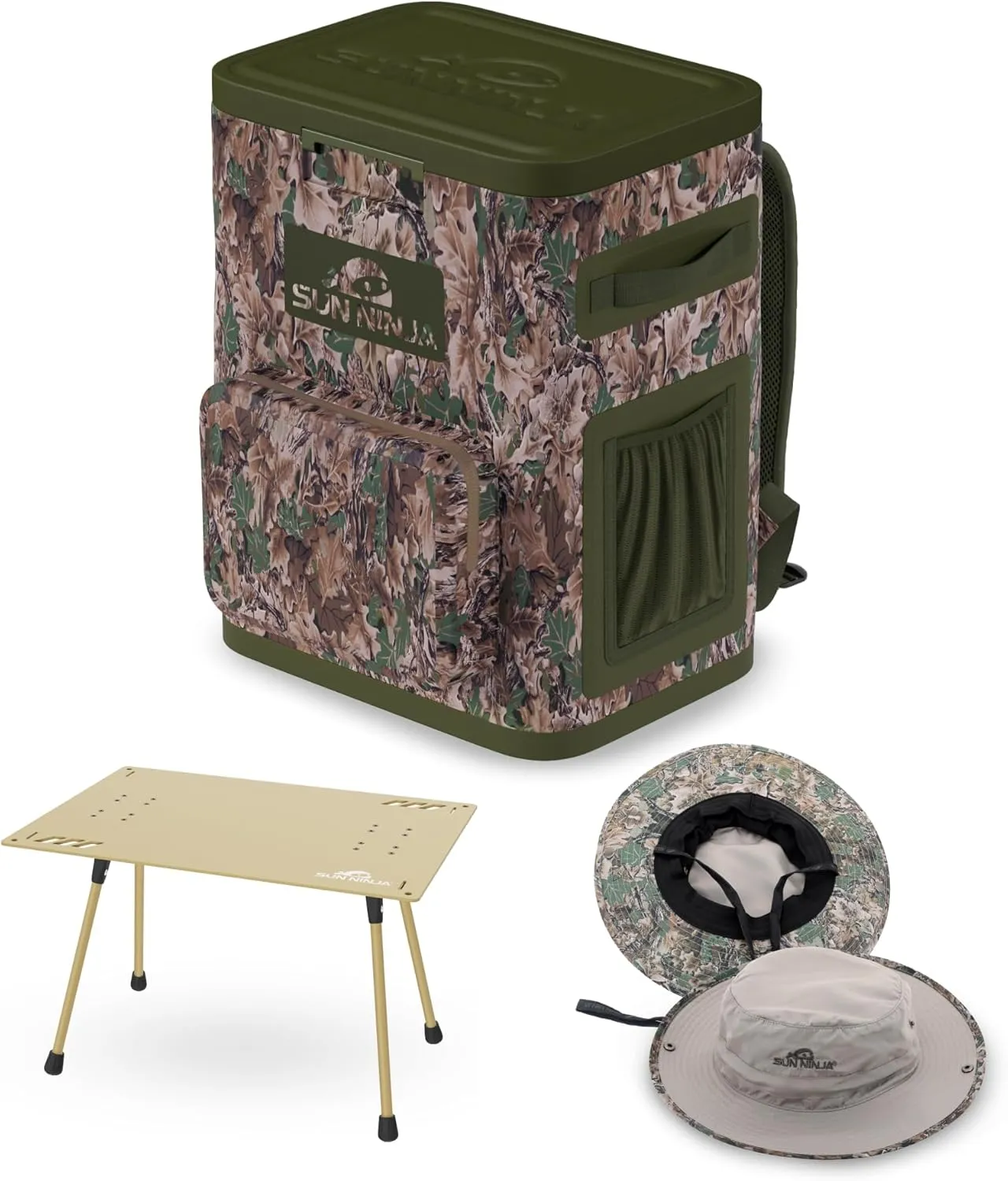 SUN NINJA Backpack Cooler Bundle with Foldable Camping Table and Reversible Bucket Hat - Insulated 36-Can Capacity, UPF 50  Sun Protection, Lightweight Aluminum Outdoor Picnic Table