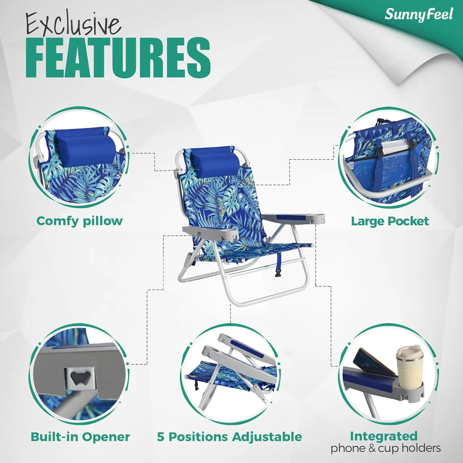 SUNNYFEEL Extra Wide Low Beach Chair 2 Pack 5 Position Lay, XL Oversized Portable Folding Camping Chairs with Cup Holder for Outdoor/Sand, Foldable Backpack Beach Chair for Adults Heavy Duty 500 LBS