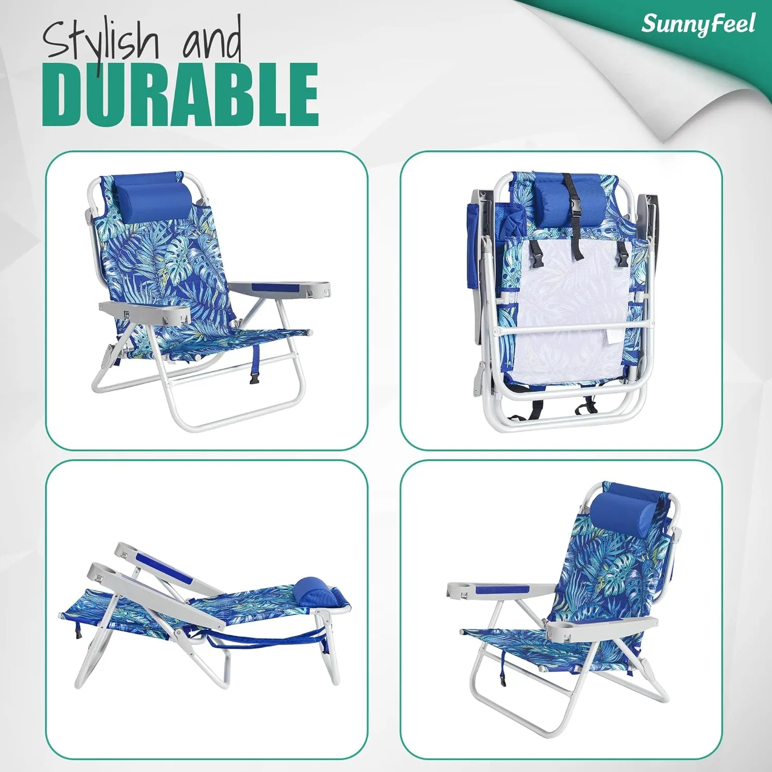 SUNNYFEEL Extra Wide Low Beach Chair 2 Pack 5 Position Lay, XL Oversized Portable Folding Camping Chairs with Cup Holder for Outdoor/Sand, Foldable Backpack Beach Chair for Adults Heavy Duty 500 LBS