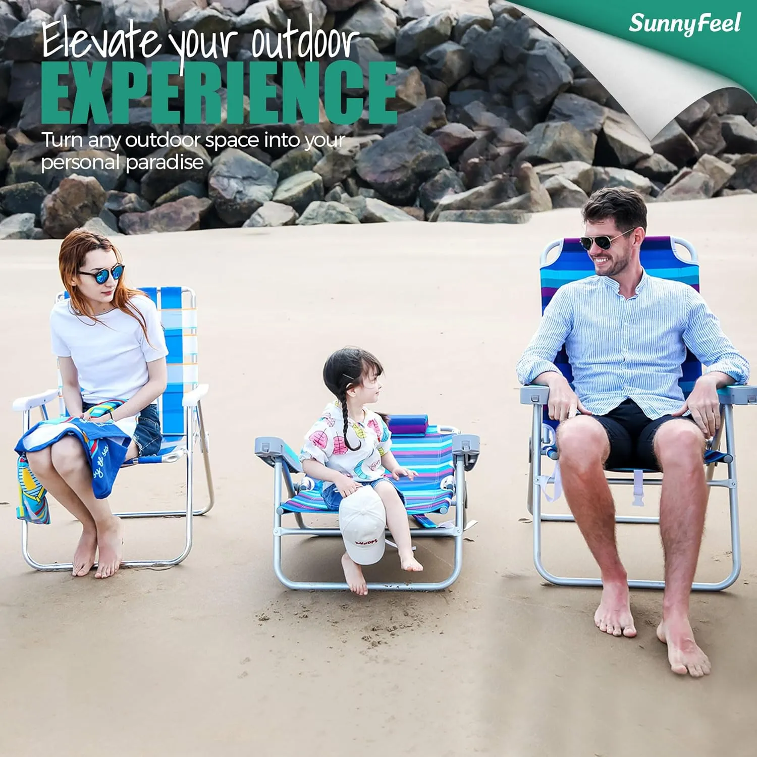 SUNNYFEEL Extra Wide Low Beach Chair 2 Pack 5 Position Lay, XL Oversized Portable Folding Camping Chairs with Cup Holder for Outdoor/Sand, Foldable Backpack Beach Chair for Adults Heavy Duty 500 LBS