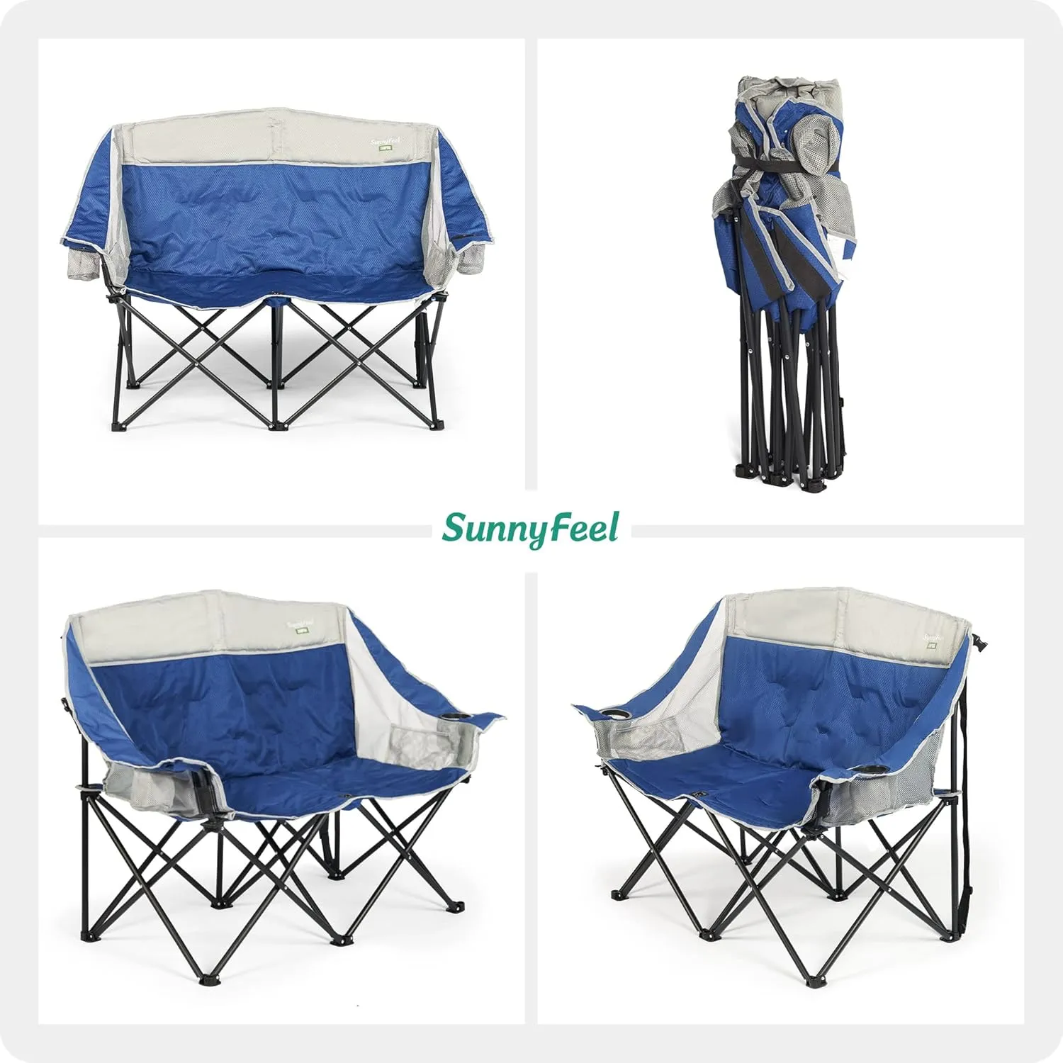 SUNNYFEEL Folding Double Camping Chair, Oversized Loveseat Chair, Heavy Duty Portable/Foldable Lawn Chair with Storage for Outside/Outdoor/Travel/Picnic, Fold Up Camp Chairs for Adults 2 People
