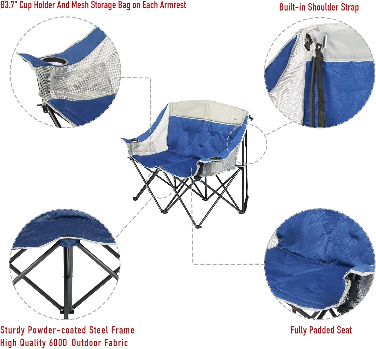 SUNNYFEEL Folding Double Camping Chair, Oversized Loveseat Chair, Heavy Duty Portable/Foldable Lawn Chair with Storage for Outside/Outdoor/Travel/Picnic, Fold Up Camp Chairs for Adults 2 People