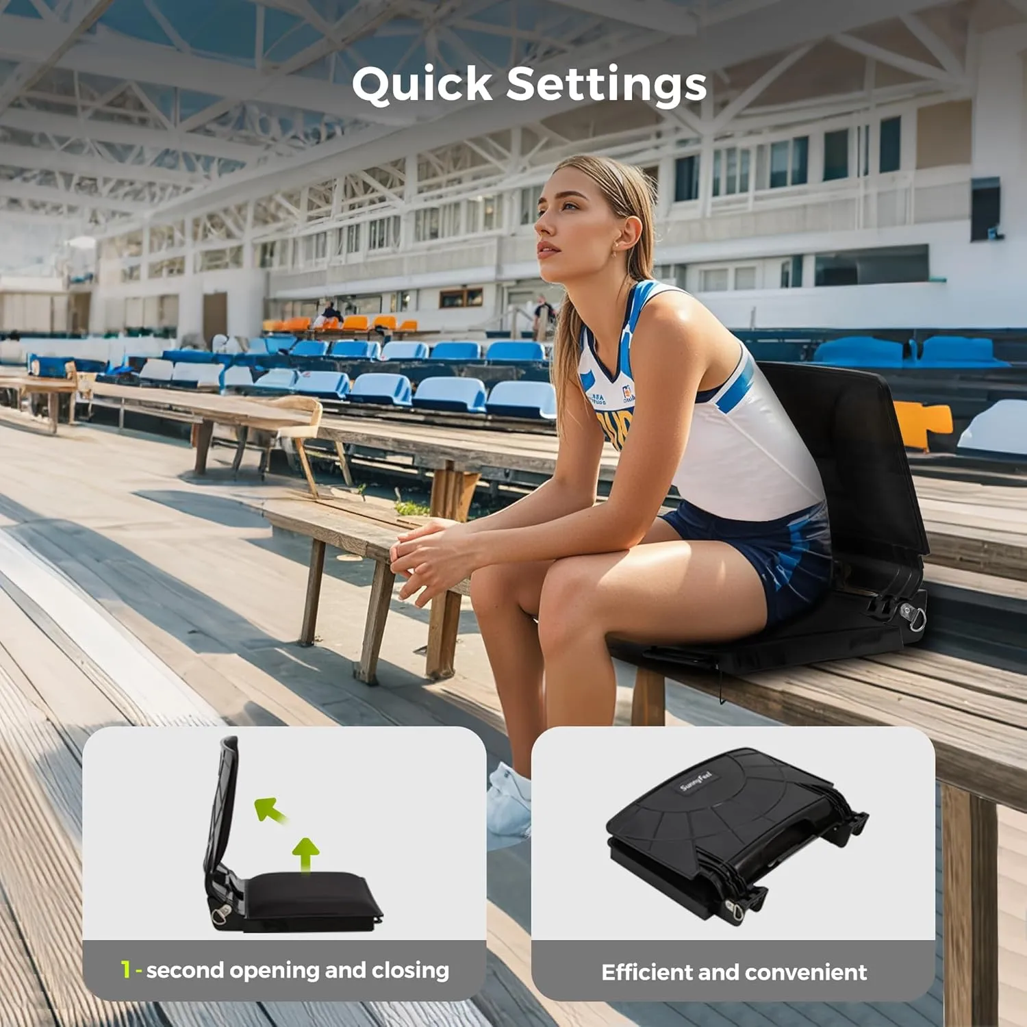 SUNNYFEEL Stadium Seats with Back Support Cushion Wide for Bleachers, Bleacher Chairs with Back and Cushion Padded Portable, Stadium Chairs with 5 Hidden Pockets (Black, Extra Wide 25.2'') (2, Low)