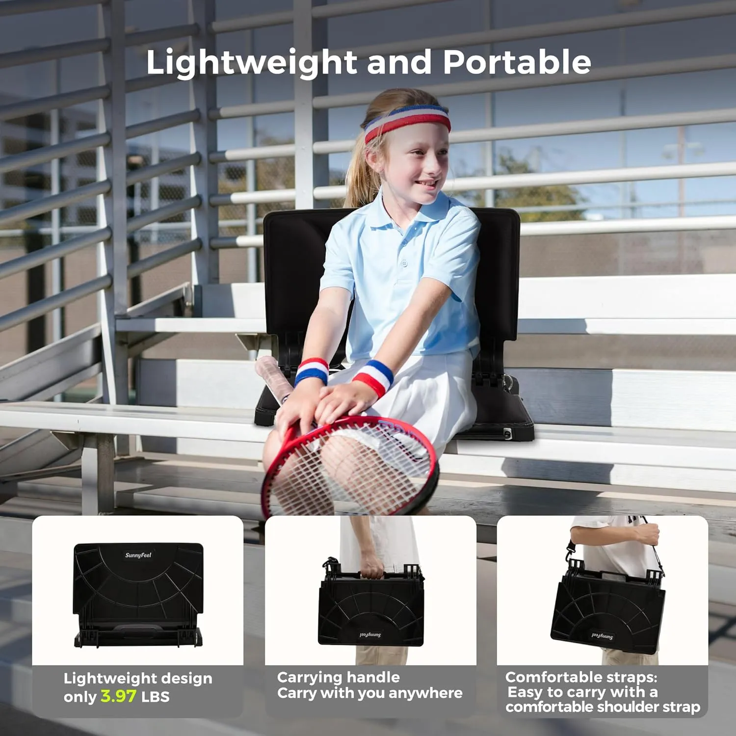 SUNNYFEEL Stadium Seats with Back Support Cushion Wide for Bleachers, Bleacher Chairs with Back and Cushion Padded Portable, Stadium Chairs with 5 Hidden Pockets (Black, Extra Wide 25.2'') (2, Low)