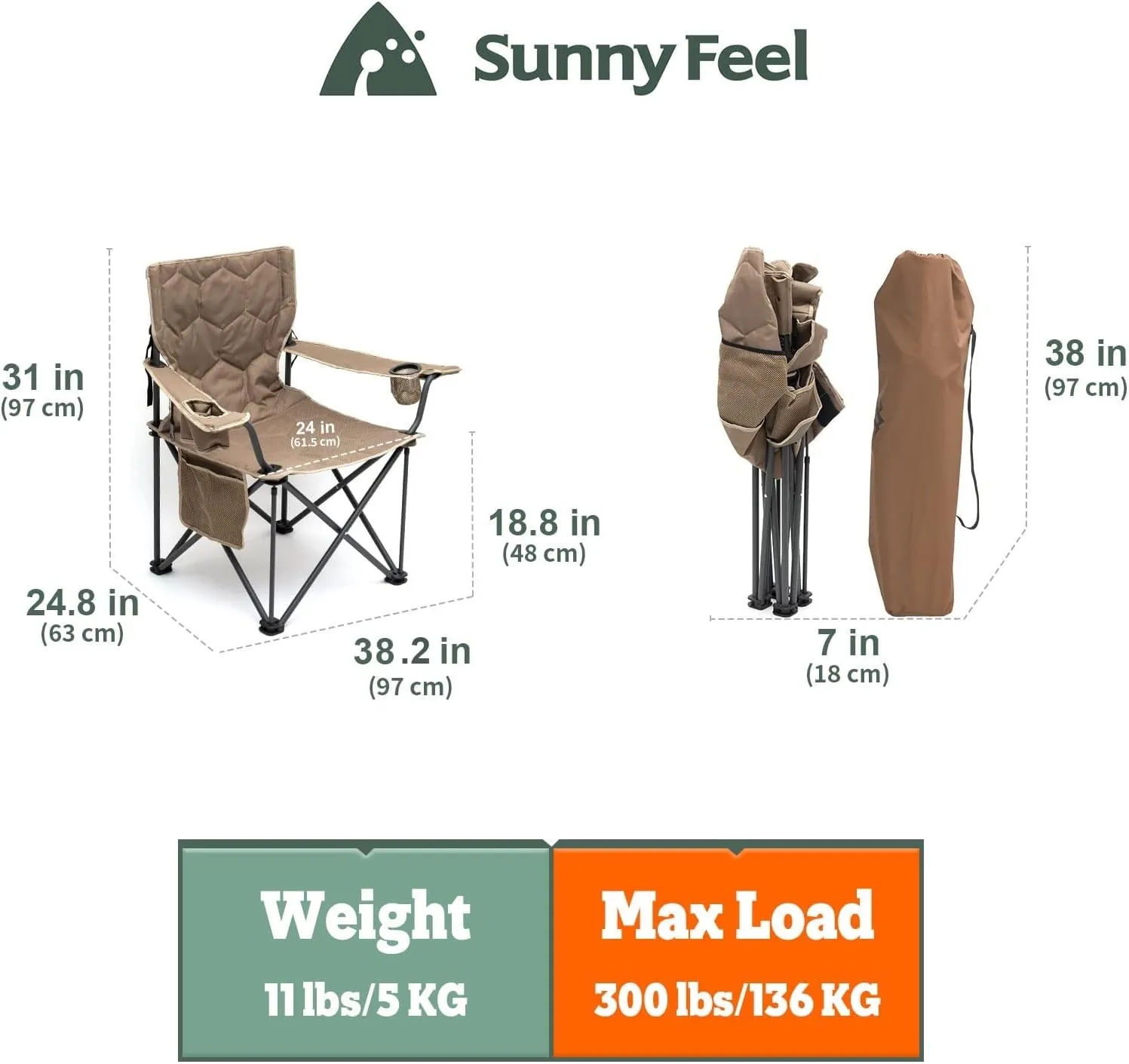 SUNNYFEEL XL Oversized Camping Chair, Folding Camp Chairs for Adults Heavy Duty Big Tall 500 LBS, Padded Portable Quad Arm Lawn Chair with Pocket for Outdoor/Picnic/Beach/Sports