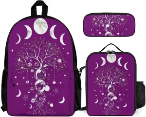 Supdreamc 3 Piece Backpack Big Capacity Shoulder Bag Backpack for Outdoors Walking Cycling - Moon Phase Space Tree Art, for Adult
