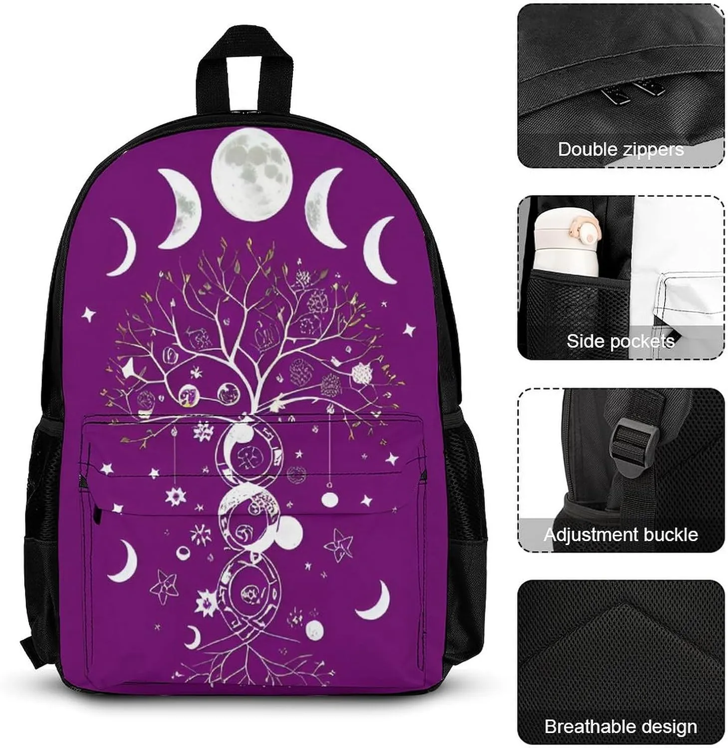 Supdreamc 3 Piece Backpack Big Capacity Shoulder Bag Backpack for Outdoors Walking Cycling - Moon Phase Space Tree Art, for Adult
