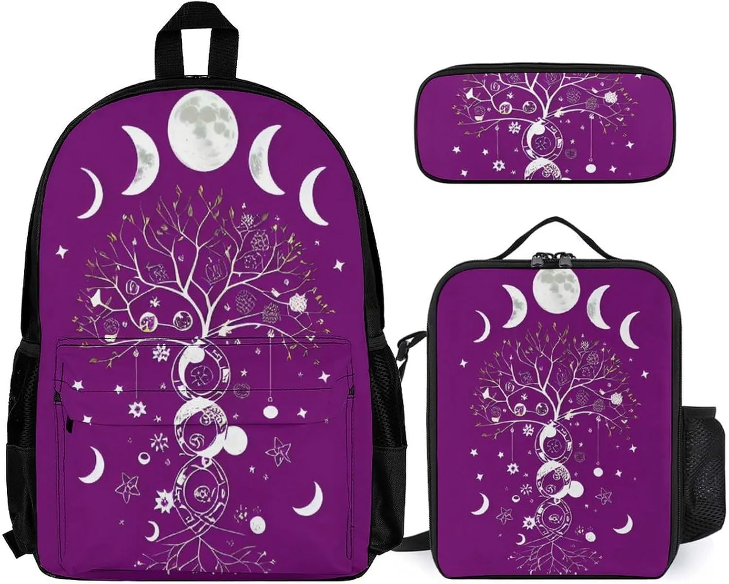 Supdreamc 3 Piece Backpack Big Capacity Shoulder Bag Backpack for Outdoors Walking Cycling - Moon Phase Space Tree Art, for Adult
