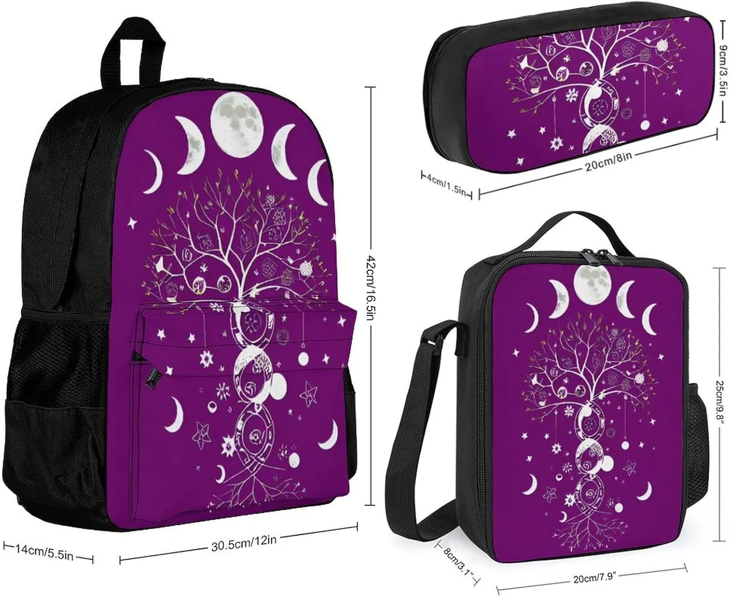 Supdreamc 3 Piece Backpack Big Capacity Shoulder Bag Backpack for Outdoors Walking Cycling - Moon Phase Space Tree Art, for Adult