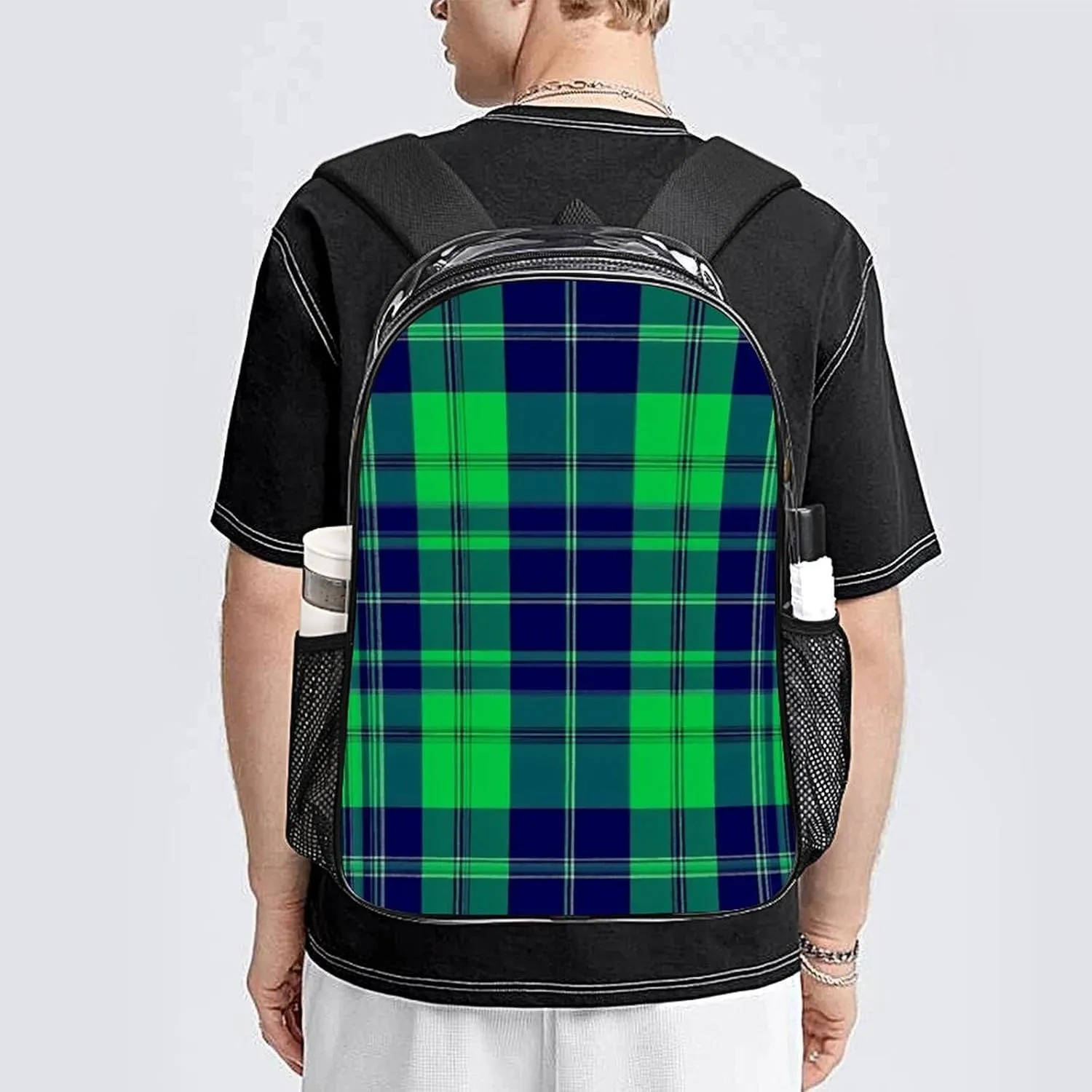 Supdreamc Blue Green Scottish Tartan Plaid Shoulder Book Bags Transparent Multipurpose Anti-Theft Carry On Bag Large Capacity Travel Hiking & Camping Rucksack
