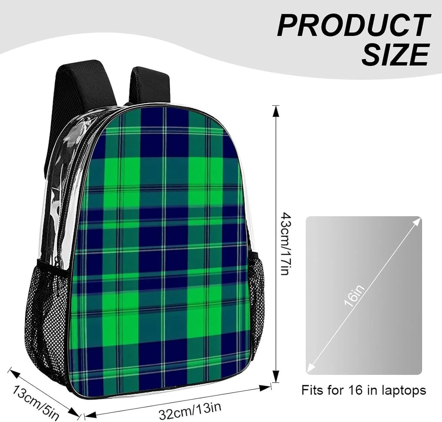 Supdreamc Blue Green Scottish Tartan Plaid Shoulder Book Bags Transparent Multipurpose Anti-Theft Carry On Bag Large Capacity Travel Hiking & Camping Rucksack