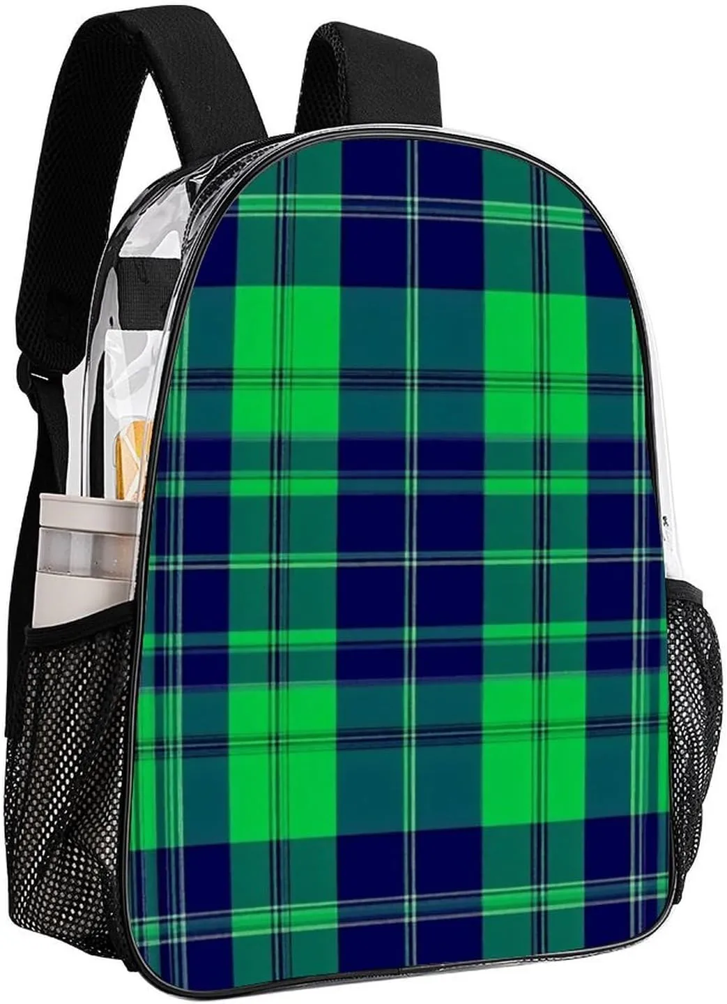 Supdreamc Blue Green Scottish Tartan Plaid Shoulder Book Bags Transparent Multipurpose Anti-Theft Carry On Bag Large Capacity Travel Hiking & Camping Rucksack