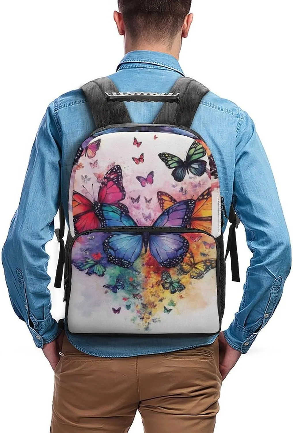 Supdreamc Colorful Butterflies Shoulder Book Bags Polyester Multipurpose Anti-Theft Carry On Bag Large Capacity Travel Hiking & Camping Rucksack
