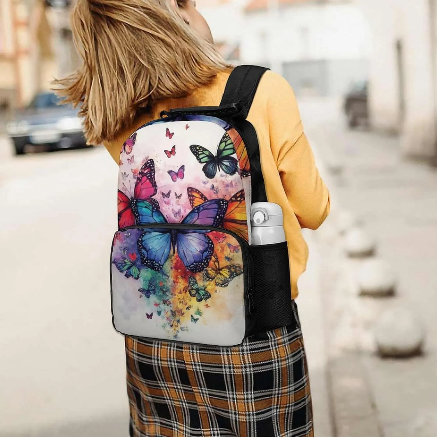 Supdreamc Colorful Butterflies Shoulder Book Bags Polyester Multipurpose Anti-Theft Carry On Bag Large Capacity Travel Hiking & Camping Rucksack