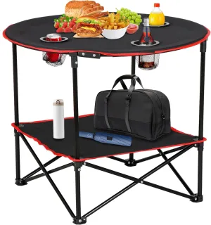 SUPER DEAL Portable Folding Picnic Camping Table with Storage Bag and 4 Cupholders, 2-Tiers Round Outdoor Camping Beach Table, Black