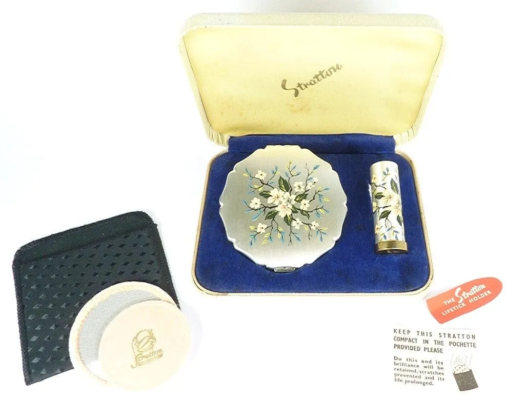 Super Unused Cased Vintage Stratton Compact Mirror Lipstick Set 1950s