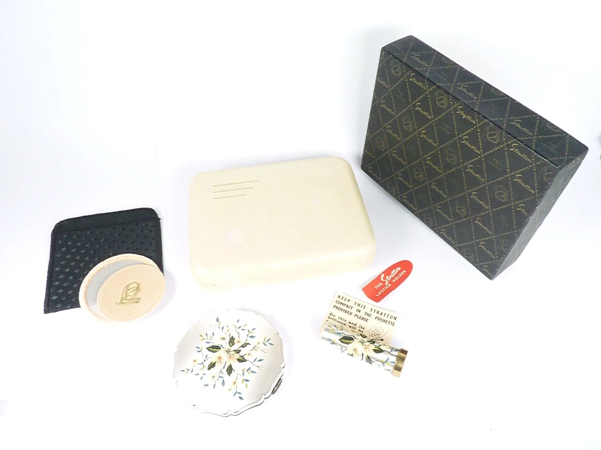Super Unused Cased Vintage Stratton Compact Mirror Lipstick Set 1950s