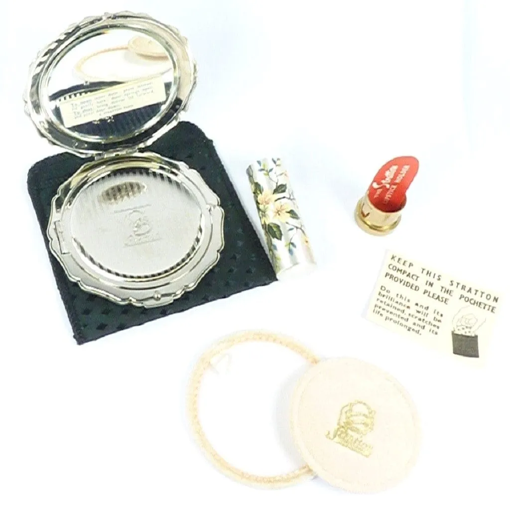 Super Unused Cased Vintage Stratton Compact Mirror Lipstick Set 1950s