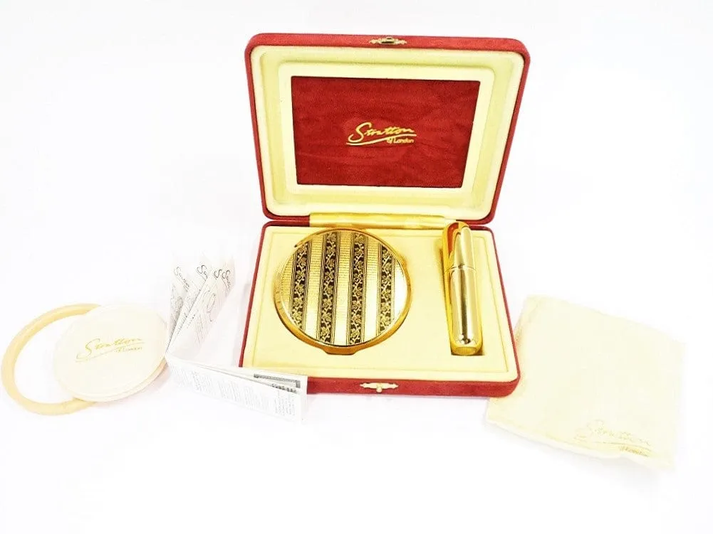 Super Unused Gilt Stratton Brand Compact Mirror And Perfume Atomiser Cased Set 1990s