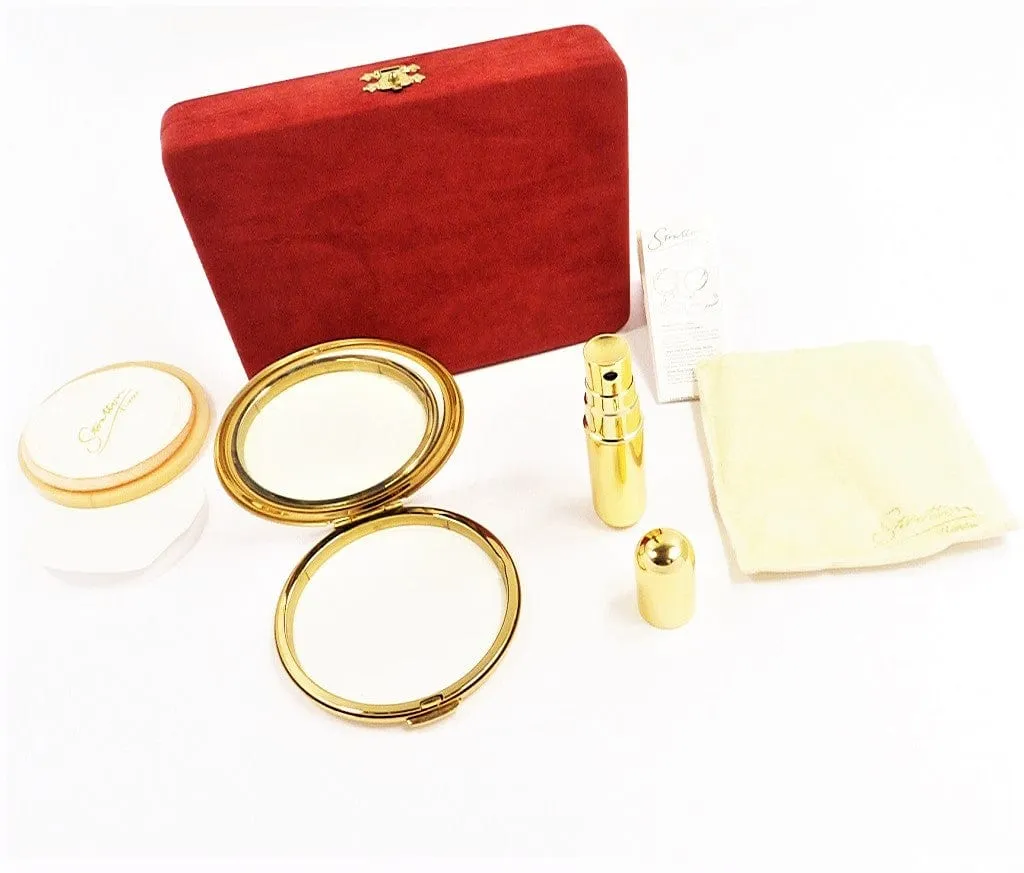 Super Unused Gilt Stratton Brand Compact Mirror And Perfume Atomiser Cased Set 1990s