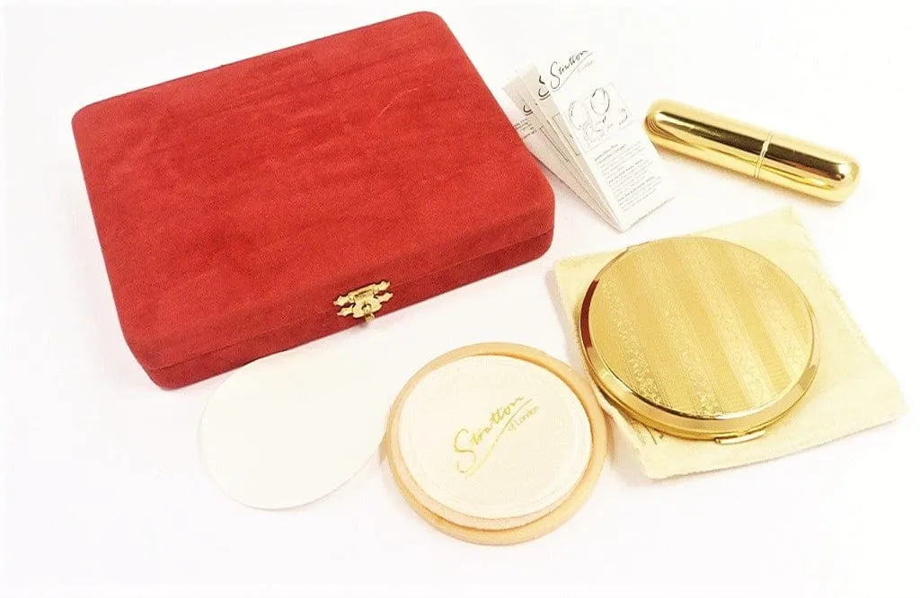 Super Unused Gilt Stratton Brand Compact Mirror And Perfume Atomiser Cased Set 1990s