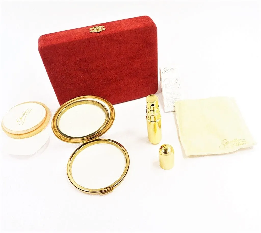 Super Unused Gilt Stratton Brand Compact Mirror And Perfume Atomiser Cased Set 1990s